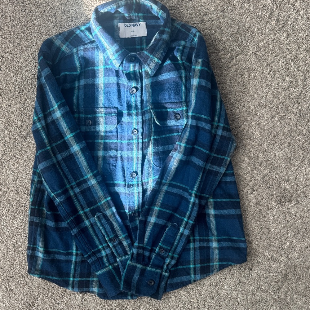 Old Navy Kids Teal and Navy Plaid Button Down Shirt